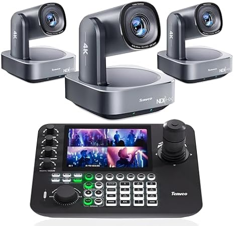 Tenveo 4K PTZ Camera and Controller Bundle/Kits - 20X AI Tracking HDMI/USB3.0/LAN(PoE) 4K NDI PTZ Camera(3PCS) and 7'' Quad-Screen NDI Joystick Controller for Church Service Events Live Streaming
