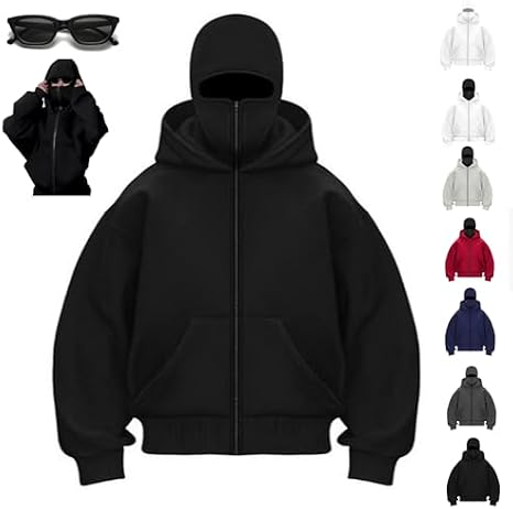 Shiesty Zip Up Hoodie,Sheisty Hoodie with Face Mask Built in Balaclava,Ski Mask Elusive Balaclava Hoodies for Men