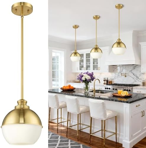 Beionxii 8-Inch Gold Pendant Light Fixtures, Modern Globe Pendant Light with Milk Glass, Farmhouse Pendant Lights Kitchen Island for Kitchen, Sink, Bathroom, Bedroom, Dining Room, BX-PL06BG-M