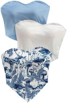 OYOANGLE Womens 3 Piece Tube Tops Set Summer Strapless Bandana Tops Graphic Sweetheart Bandeau Shirt
