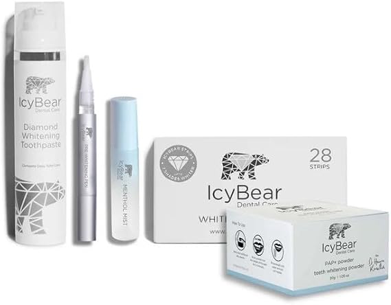 ICY Bear Oral Care Essential Bundle, Advanced Oral Hygiene Kit for A Healthy and Bright Smile,  with Diamond Toothpaste, Teeth Whitening Pen, Teeth Whitening Strips, Pap+ Powder & Breath Spray.