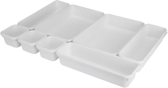 Home Basics 8 Piece Kitchen, Adjustable and Customizable Multi-Drawer Divider Organizer Set Multipurpose Use White