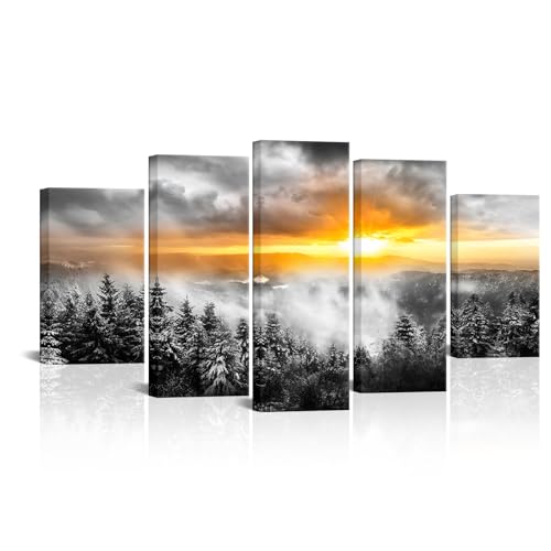 KLVOS 5 Panels Fog Mountain Canvas Wall Art Sunrise Misty Forest Print Picture Paintings Black and White Nature Artwork Modern Bedroom Living Room Office Decor Gallery Wrapped