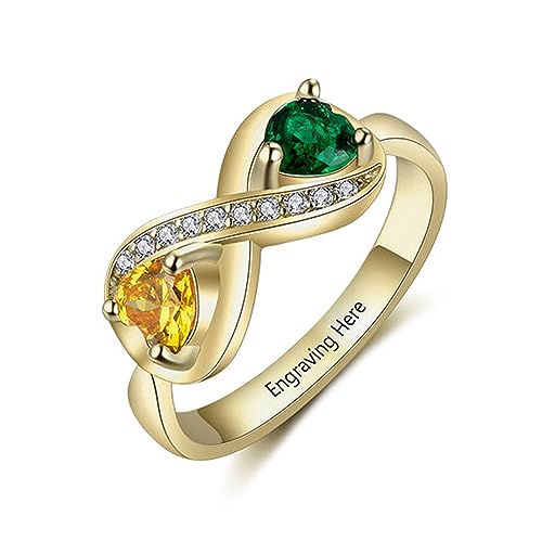 10K 14K 18K Gold Personalized Infinity Rings for Women, Custom 2 Heart Birthstones Engraved Ring Jewelry Gift for Anniversary Mothers Day Christmas Birthday