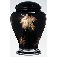 Large Black Memorial Urn for Human Ashes - Handmade Glass Cremation Urn - Etched Painted Metallic Brown Leaves - Black & Bronze - Vol. 183 cubic inch (3L)