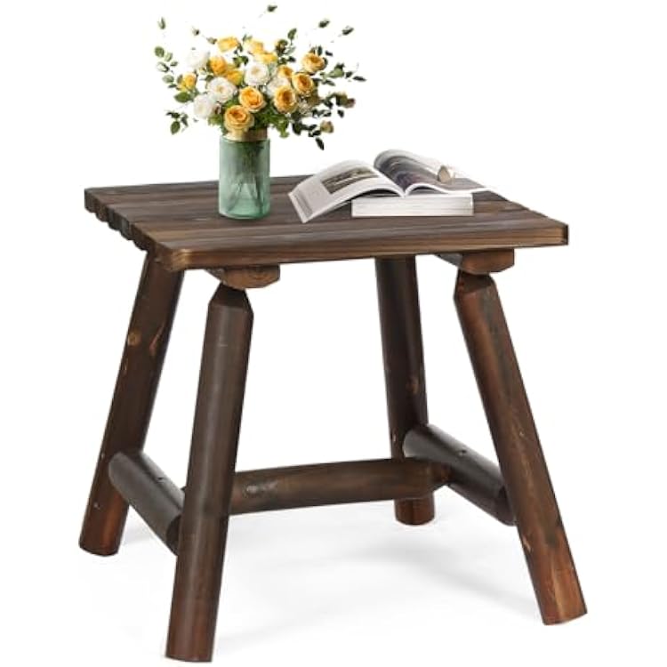 Outdoor Adirondack Log Side Table, 19.5 Thick Wooden Patio Square End Table with Slatted Tabletop, Solid Wood Rustic Accent Table for Indoor & Garden Deck Porch Balcony Backyard, Carbonized