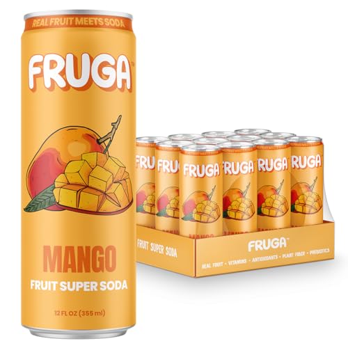 FRUGA Mango Sparkling Fruit Super Soda, Prebiotic Soda, Low Calorie, Healthy Soda Benefits and Vitamin Boost, 12 Fl Oz Pack of 12