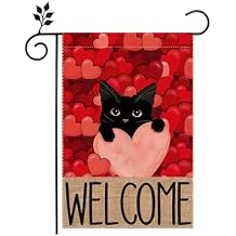 Valentines Day Garden Flag 12x18 Inch Double Sided Outside, Black Cat Love Hearts Truck Welcome Anniversary Yard Outdoor Flag