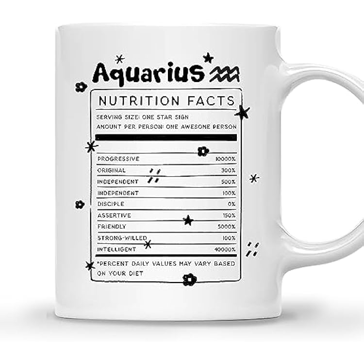 Gossby Aquarius Nutrition Fact Coffee Mug - Zodiac Sign Gift for Women - Birthday, Christmas Astrology Gift for Women, Sister, Friend - 11oz White Ceramic Astrology Mug