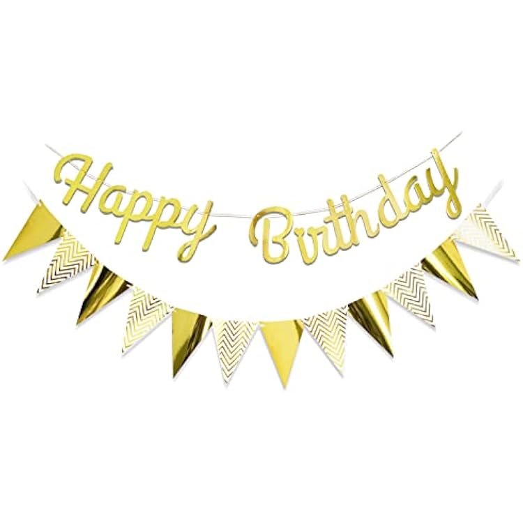 Gold Happy Birthday Banner Decoration,12 Flags Glitter Bunting Sign Banner Party Decorations Supplies Sparkling