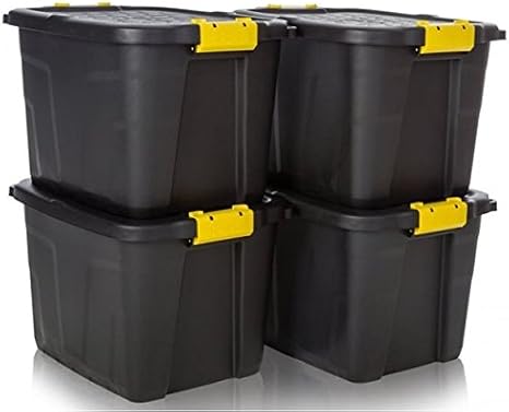 4 x 42L Black Storage Crates & Lids Black Yellow Handles