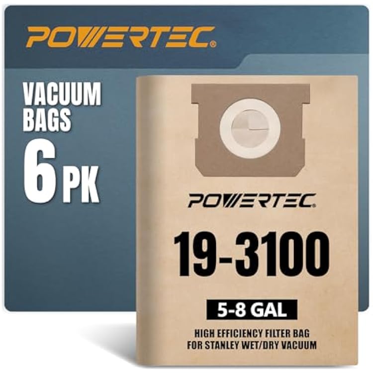 POWERTEC 19-3100 Shop Vac Bags 6 Pack for Stanley 5-8 Gal Wet Dry Vac, Replacement Vacuum Bags for Stanley SL18116P, SL18115P & Porter Cable Shop Vacuums 75101-P2