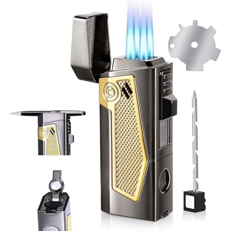 4 Torch Jet Flame Lighter with Punch & Holder - Refillable Butane Windproof Torch Lighter - Multi-Functional Lighter Accessory,Premium Gift for MenWithout Butane