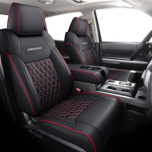 Huidasource Tundra Seat Covers, Front & Rear Leather Car Seat Cover, Waterproof Car Seat Cushion Protector Fit for 2014-2021 Toyota Tundra CrewMax Pickup TruckFull SetBlack&Red