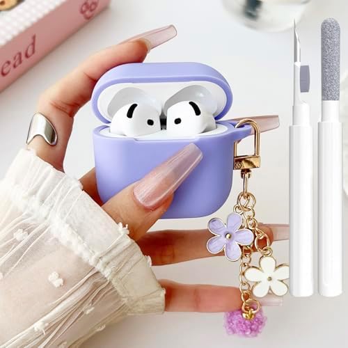 Cute Purple Case for Airpods 4 Cover for Girl Women with Pom pom Flower Keychain & Cleaner Kit, Soft Silicone Airpods iPod 4th Gen Protective Cover Skin for Airpod 4 2024