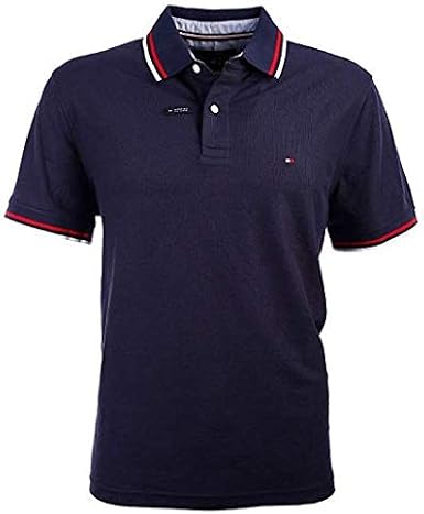 Tommy Hilfiger Men's Striped Collar Polo (Large, Navy)