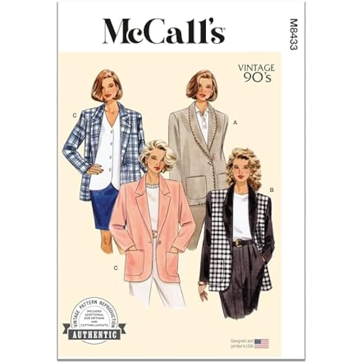 McCalls Misses Vintage 1990s Loose Fitting or Unlined Jacket Sewing Pattern Kit, Design Code M8433, Sizes 8-10-12-14-16