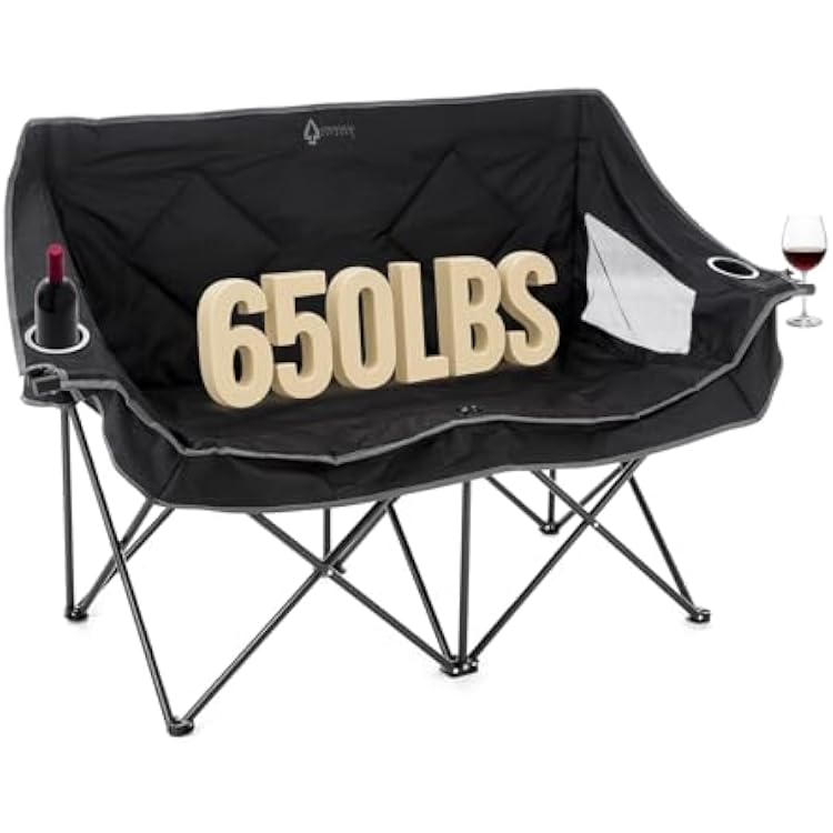 ARROWHEAD OUTDOOR Portable Folding Double Duo Camping Chair Loveseat w 2 Cup & Wine Glass Holder, Carrying Bag, Supports up to 650lbs