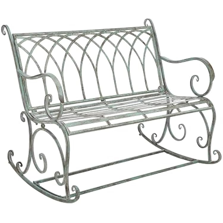 SAFAVIEH Outdoor - Ressi Antique Dark Green Rocking Bench - Distressed Wrought Iron Patio Glider Seating, 15 Seat Height, 43.3 W x 32.6 D x 36.6 H PAT5021D