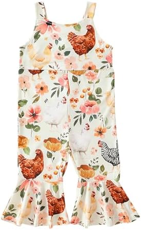 Toddler Baby Girl Farm Outfit Floral Chickens Jumpsuit Bell Bottoms Romper Flare Pants Overalls Summer Clothes