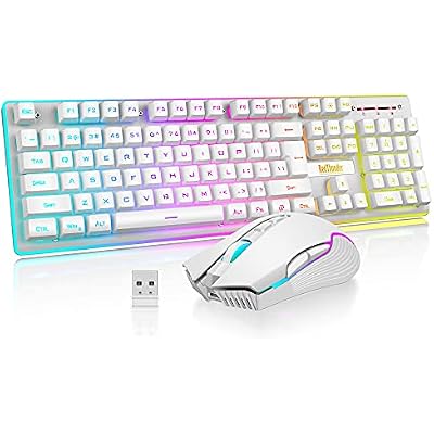 RedThunder K10 Wireless Gaming Keyboard and Mouse Combo, LED Backlit Rechargeable 3800mAh Battery, Mechanical Feel Anti-ghosting Keyboard  7D 3200DPI Mice for PC Gamer White