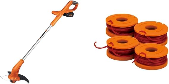 Worx String Trimmer Cordless & Edger 20V 10" - 12" Weed Trimmer PowerShare + WORX WA0047 4-Pack String Trimmer Replacement Line, Orange