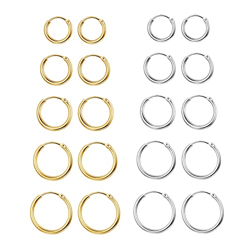 Senteria 10 Pairs Small Hoop Earrings for Women Stainless Steel Gold Silver Black Hypoallergenic Hoop Earrings Tiny Hoop Earrings Set for Men Earring Sets for Multiple Piercings 810121416mm