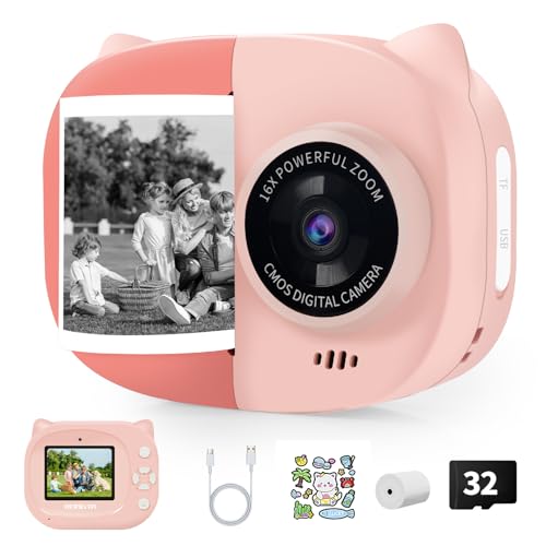Rongta Kids Camera Instant Print, 1080P Kids Instant Cameras that Print Photos, Christmas Birthday Gifts for Girls Age 3-12, Video Camera Portable Toy for 3 4 5 6 7 8 9 10 Year Old Kids GirlsPink