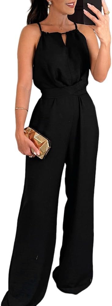 CHICME Women's Ruched Halter Wide Leg Jumpsuit