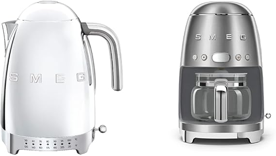 Smeg 7 Cup Variable Electric Kettle & 10 Cup Programmable Coffee Maker Bundle, Polished Stainless Steel