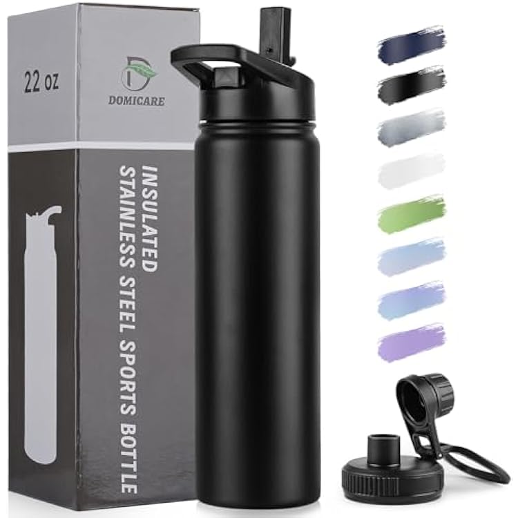DOMICARE Insulated Water Bottle, 22 oz Vacuum Insulated Stainless Steel Reusable Sports Bottle with Straw Lid & Spout Lid for Travel, Camping, Bike, Leakproof, Black, 1 Pack