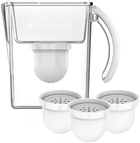 Clearly Filtered No. 1 Filtered Water Pitcher for Fluoride/Water Filter Pitcher with Affinity Filtration, BPA/BPS Free/Targets 365+ Contaminants Including Fluoride, Lead, PFOA (Pitcher + 3 Filters)
