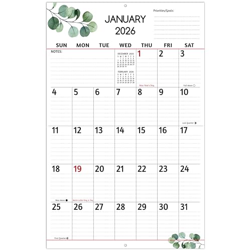 2026 Wall Calendar - Large Print Calendar 2026, 12 Monthly Calendar, Jan. 2026 - Dec. 2026, 14.6 x 22.8 In Open, 2026 Calendar with Big Numbers, Large Grid, Notes, Moon Phases, Great for Planning