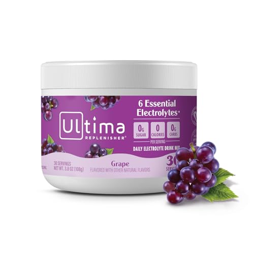 Ultima Replenisher Daily Electrolyte Powder Drink Mix Grape, 30 Servings Canister Zero Sugar Hydration Powder with 6 Electrolytes & Minerals Sugar Free, Plant-Based & Keto Friendly