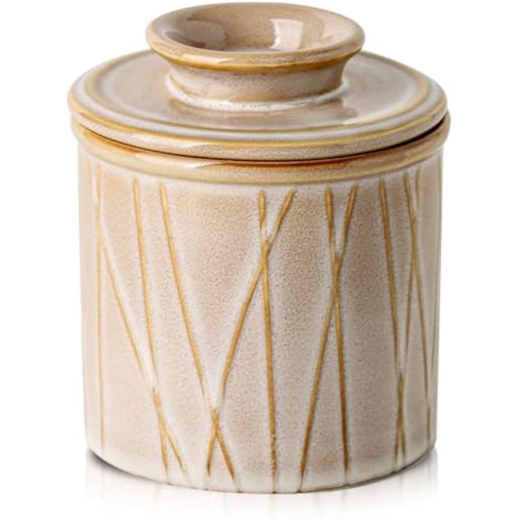 HVH Ceramic Butter Crock with Water Line, French Butter Dish with Lid for Countertop, Butter Keeper for Counter, Butter Holder for Soft Butter, Irregular Striped Sand Color, 4x4