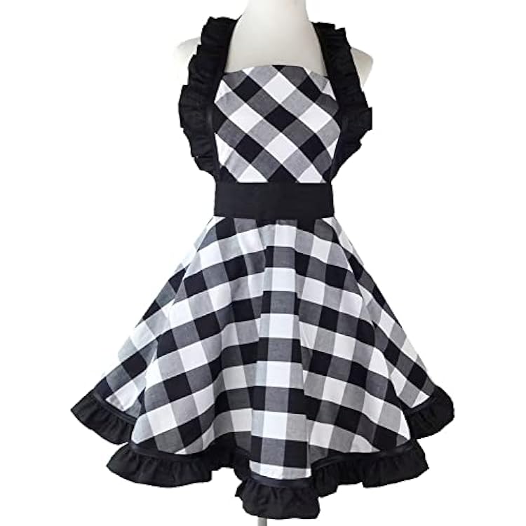 Violet Mist Black Plaid Vintage Apron for Women Girls Ladies Cute Ruffle Frilly Apron Christmas Aprons Retro Aprons for Kitchen Cooking Baking 50s French Maid Apron Halloween Mothers Day Gift