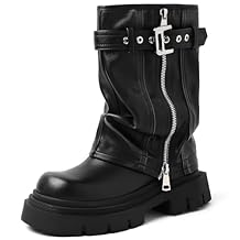 YIYA Women's Platform Fold Over Biker Mid Calf Boots Belt Buckle Square Toe Chunky Heel Zipper Short Motorcycle Ankle Combat Boots