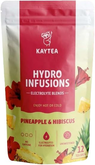 KAYTEA Pineapple & Hibiscus Herbal tea and Fruit Tea – 12 Hydro Infusion Tea Bags – Caffeine Free, Zero Sugar & Calories – Unsweetened Flavoured Tea with Added Electrolytes