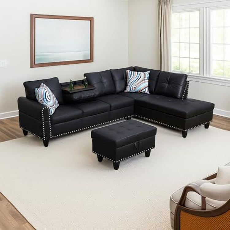 Sectional Couch L Shaped Couch Morden Sofas for Living Room Upholstered Faux Leather Couch with Storage Ottoman, Cup Holders and Chaise for Reception Room and Apartment, Elegant Black