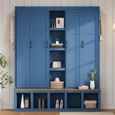 62.9''W Farmhouse Hall Tree with Bench and Shoe Storage, 4-in-1 Entryway Organizer with Hooks, Cabinets and Open Compartments, Mudroom Coat Rack with Seating for Living Room, Hallway,Blue