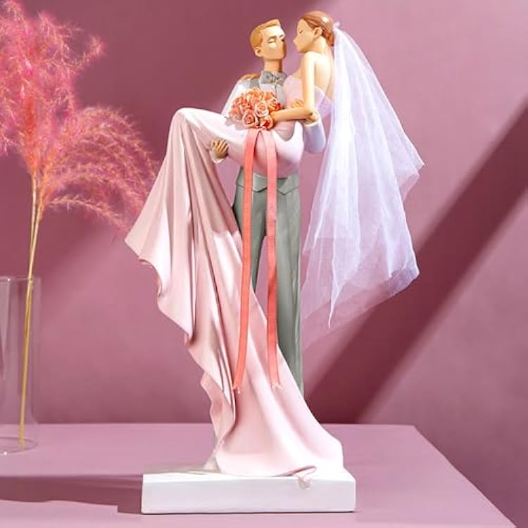 Wedding Lovers Figurines Girl Couple Statue Boys anniversary Sculpture, 13.5 inch Lady Home Decor, Romantic Marriage Flowers Art Figure, Great Gift Crafts, Ornaments for Valentines Day Pink-Pickup