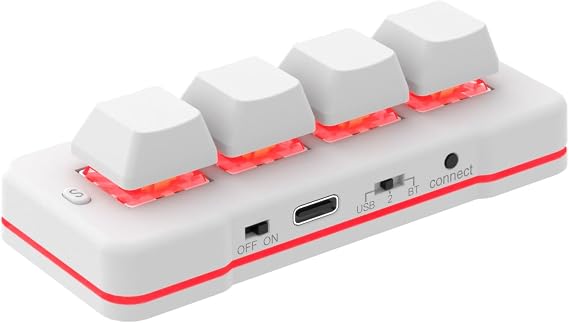 4 Key Mini Keypad USB Wired & BT Wireless Mini Keyboard Customized Programmable Computer Keyboard Mouse for Video Game Control Office Work Sheet Music Page Turner HID (White)