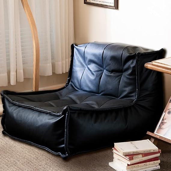 Bean Bag Chair No Filler Bean Bag Cover PU Leather Single Lazy Sofa Cover Bean Bag Sac Pouf Chair Adults Beanbag Chair Lazy Armchair Couch Floor Seating Living Room(Black)