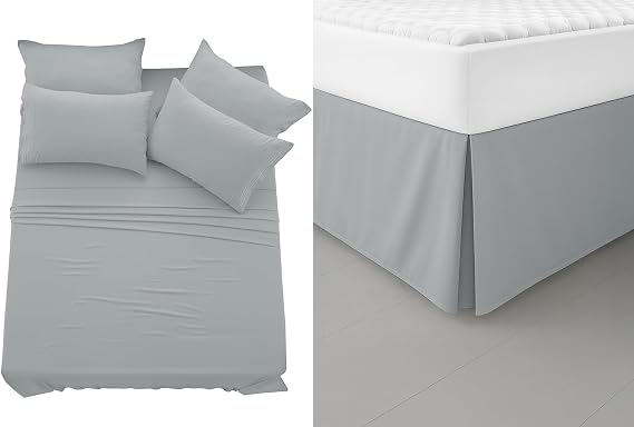 LUX Decor 7-Piece Queen Bedding Bundle Brushed Microfiber Sheet Set with 16" Deep Pockets & Matching Bed Skirt Includes Embroidered Pillowcases, Fitted Sheet, Flat Sheet & Pleated Skirt Grey