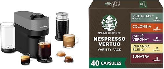 Nespresso Vertuo Pop+ Deluxe Coffee and Espresso Maker by Breville with Milk Frother, Dark Grey + Starbucks Capsules, Vertuo Line