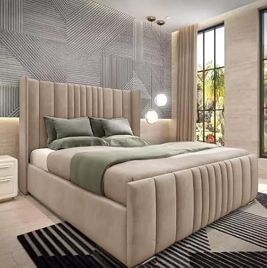 5FT King Ottoman Storage Divan Base Wingback Bedframe With Headboard And Mattress Upholstered In Plush Velvet Beige Bed End Lift Up (Beige Plush, 5FT King With End Lift Storage And Mattress)
