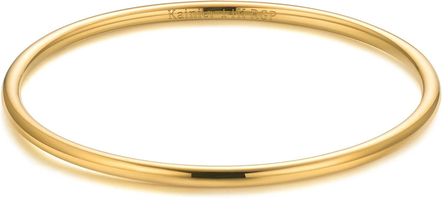 Kainier 3mm 14K Gold Plated Bracelet Stainless Steel Glossy Stackable Thin Round Bangle Bracelet for Women Solid Plain Polished Bracelet Best Gifts for Love