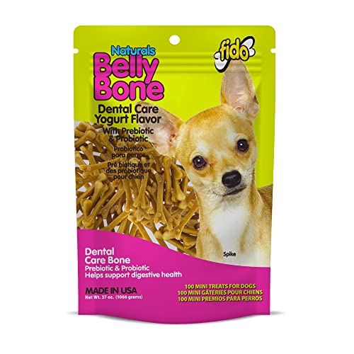 Fido - Belly Bones for Dogs, 100 Yogurt Flavor Mini Dog Dental Treats100 Count - Made in USA - for Extra Small Dogs - Plaque and Tartar Control for Fresh Breath, Digestive Health Support