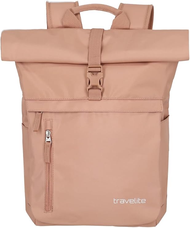 travelite hand luggage backpack, 15.6 inch laptop backpack, basics, travel backpack rolltop function, 60 cm, 35 liters, Powder Pink, 35 L, Classic