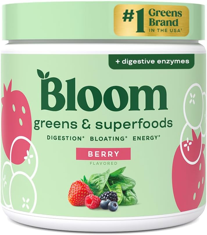 Bloom Super Greens Powder Berry (60 Servings) Blends Probiotics, Digestive Enzymes, Spirulina, and Chlorella to Support Women’s Gut Health, Ease Bloating, and Promote Healthy Digestion Naturally